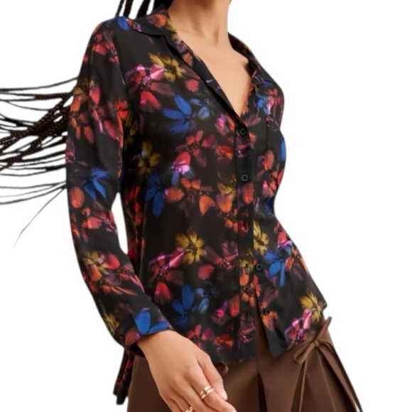NWT BELLA DAHL Floral Long Sleeve Button Front Semi-Sheer Blouse Size Small